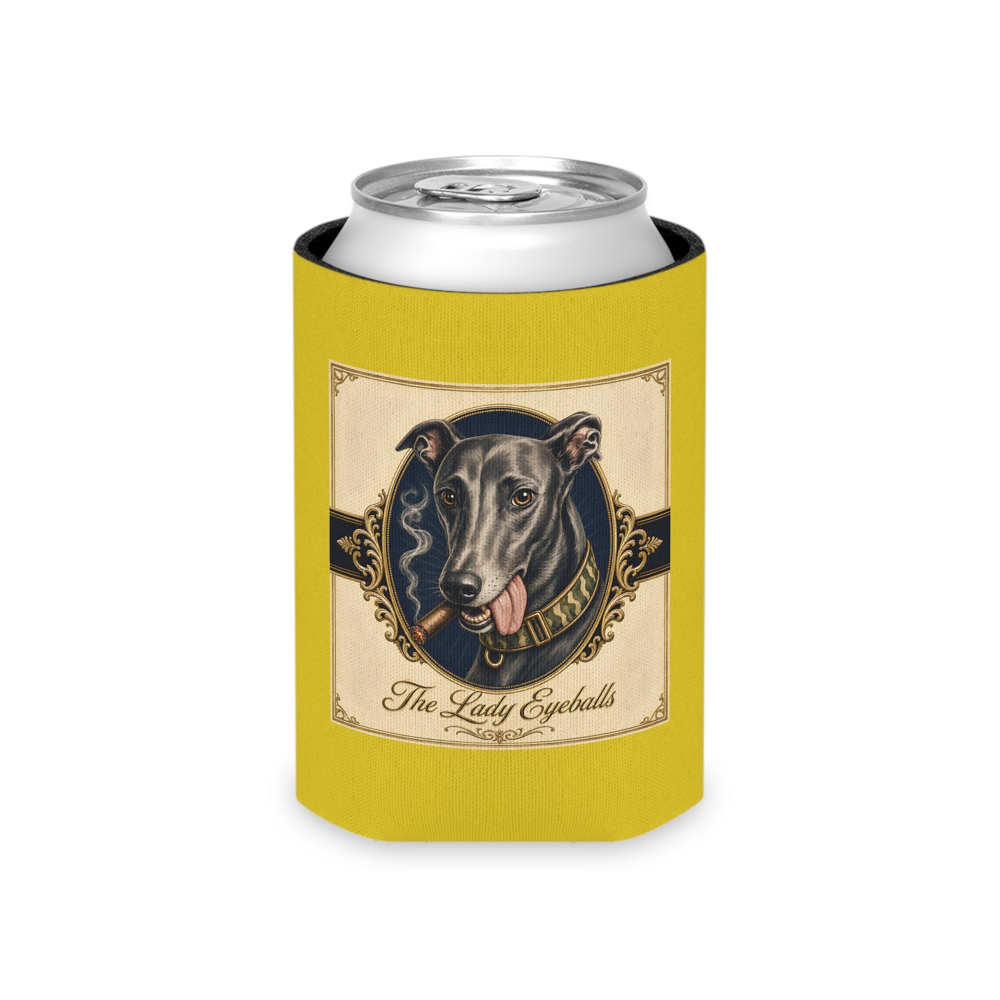 Can Cooler — Yellow Greyhound Design “The Lady Eyeballs” with “Run Hard Burn Slow”