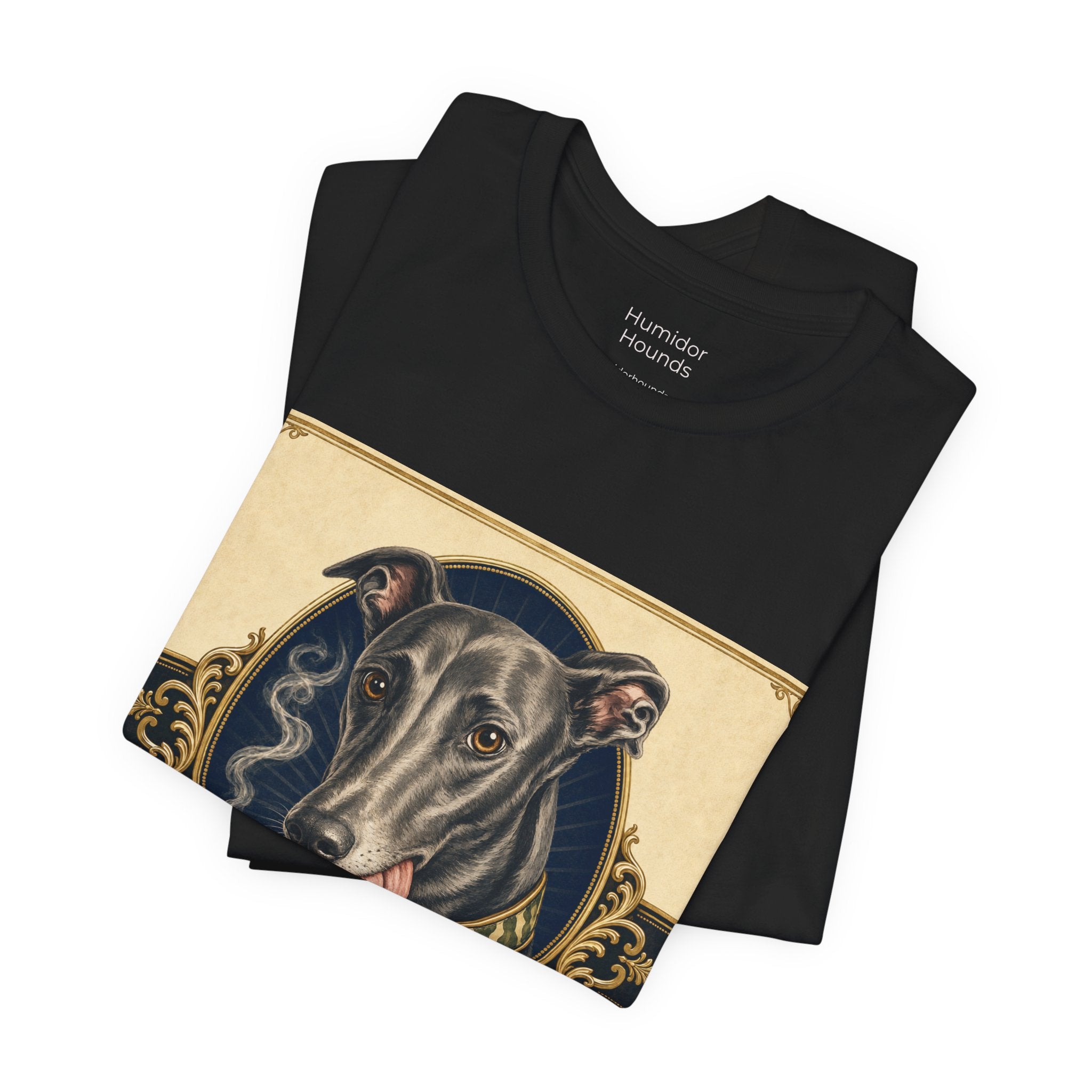 Run Hard Burn Slow Greyhound Dog T‑Shirt — "The Lady Eyeballs" Vintage Cigar Graphic