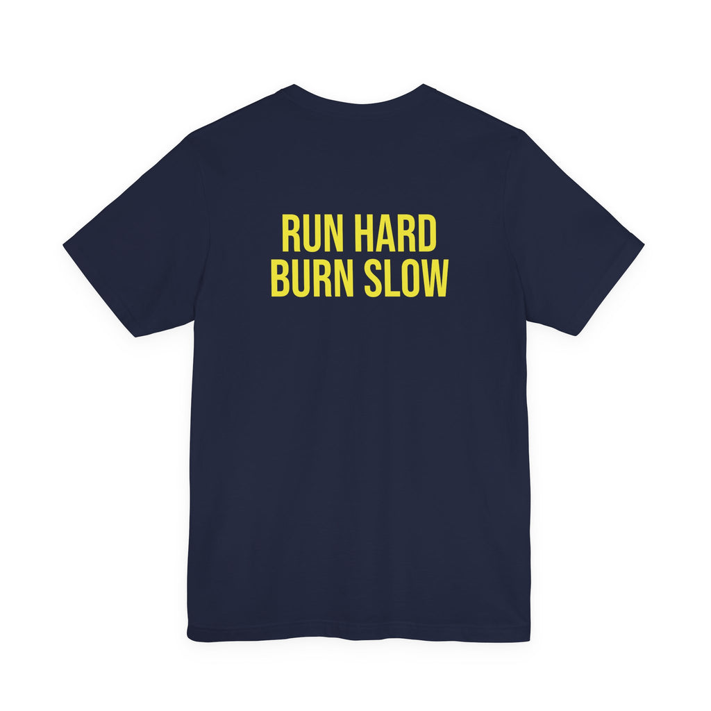 Vintage Dog Crest T‑Shirt — "The Bados Reserve" with "Run Hard Burn Slow" Slogan