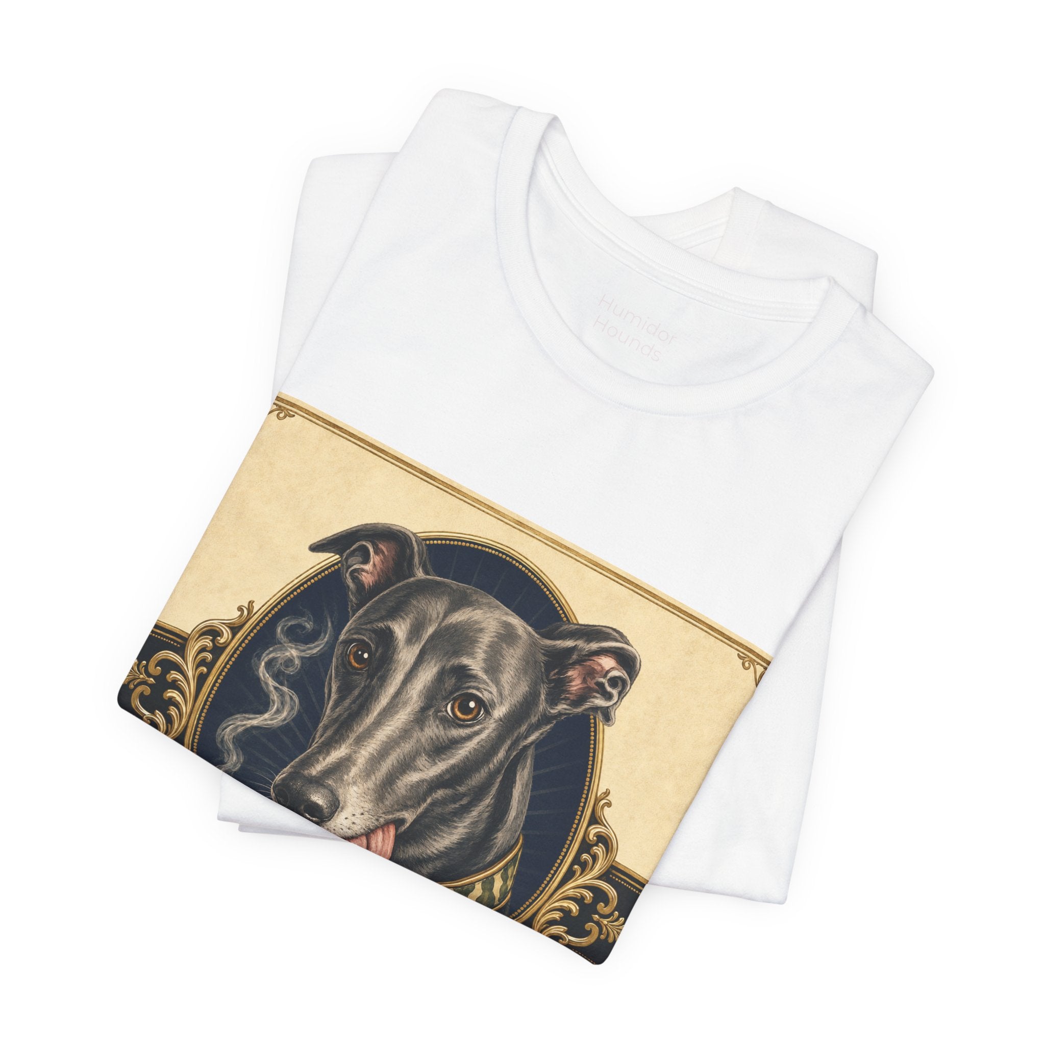 Run Hard Burn Slow Greyhound Dog T‑Shirt — "The Lady Eyeballs" Vintage Cigar Graphic